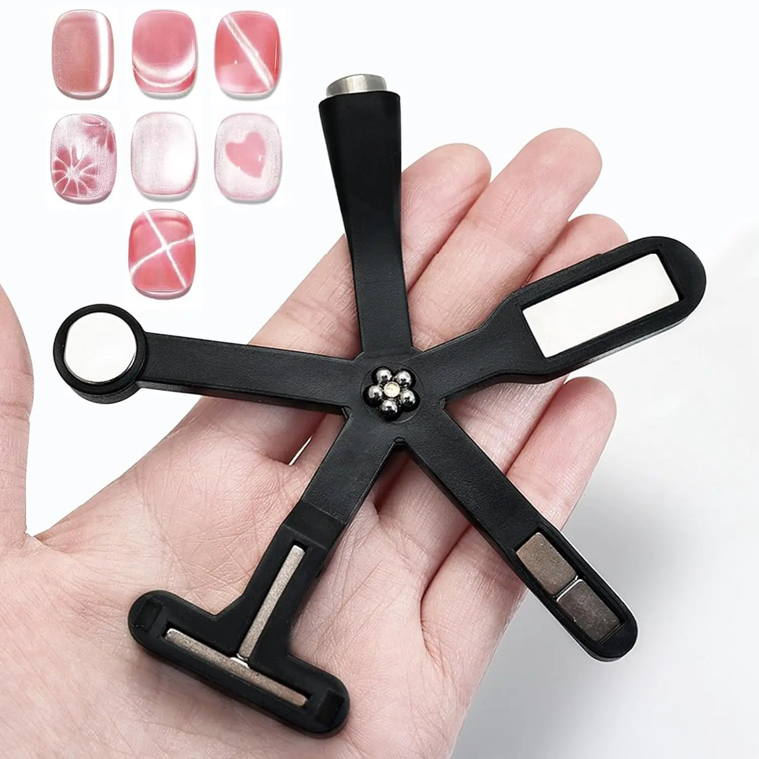 YIKOOLIN Set de Imán para Uñas 6 en 1, Diseño de Corazón, Ojo de Gato, Media Luna, Margarita, Estilo Francés, Herramientas de Manicura UV con Luz Lateral