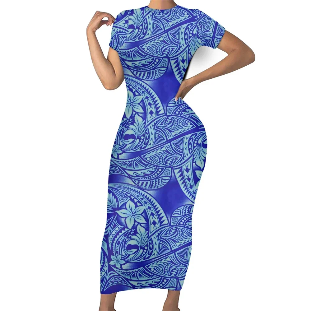 Summer Women Bodycon Dresses 2023 Polynesian Tribal Clothing Samoa Fijian Hawaiian Plumeria Frangipani Print Bule Printed Dress