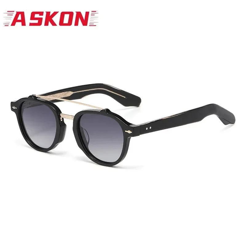 ASKON Gradient Polarized Double-beam Sunglasses Man Black Acetate Classic Glasses Men UV Fashion Eyeglasses Round Handcraft Male