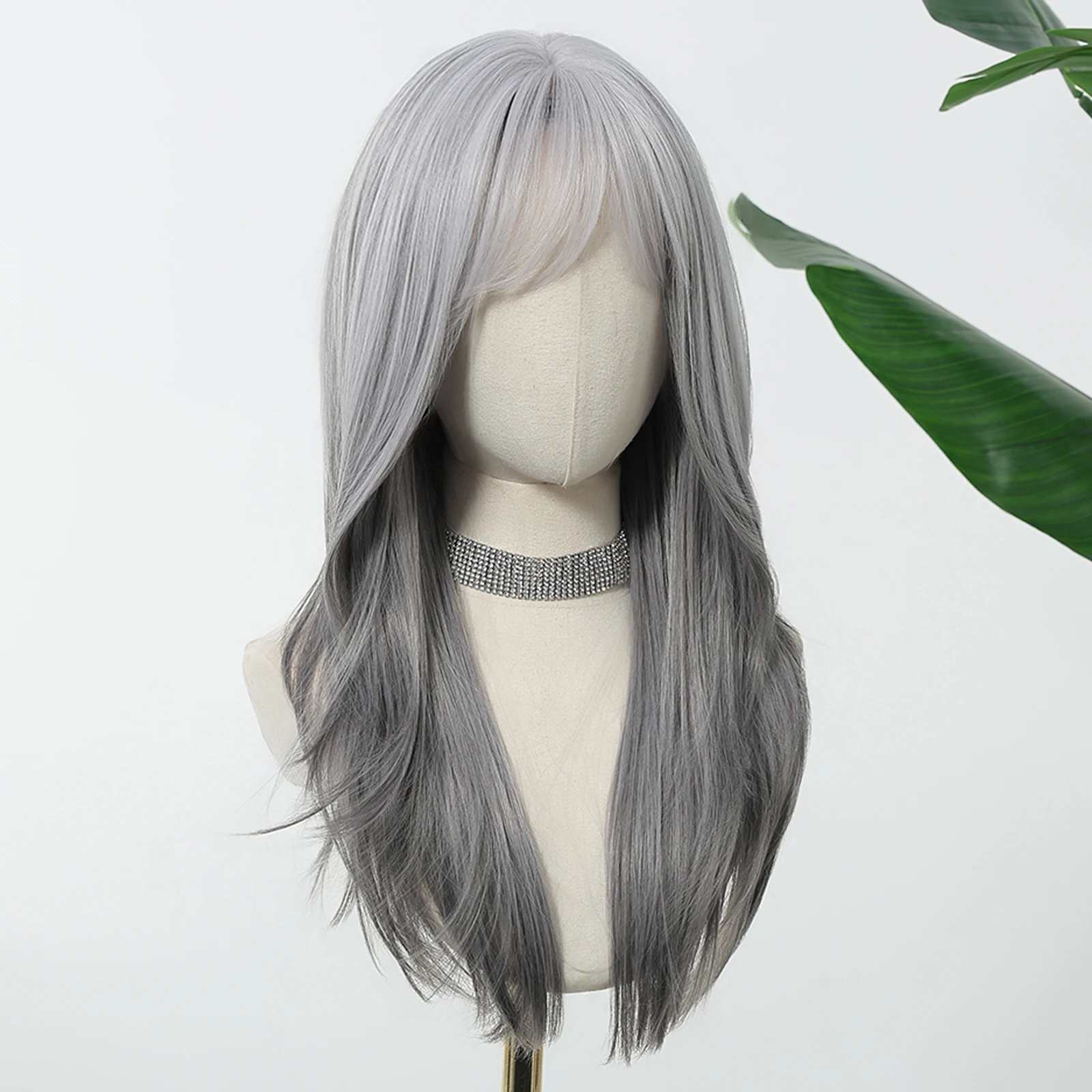 Wig Ombre Abu-abu Abu Allbell Magique Wig Berlapis Panjang 20 Inci dengan Poni Tumpul Wig Sintetis untuk Wanita Pesta Harian Tahan Panas