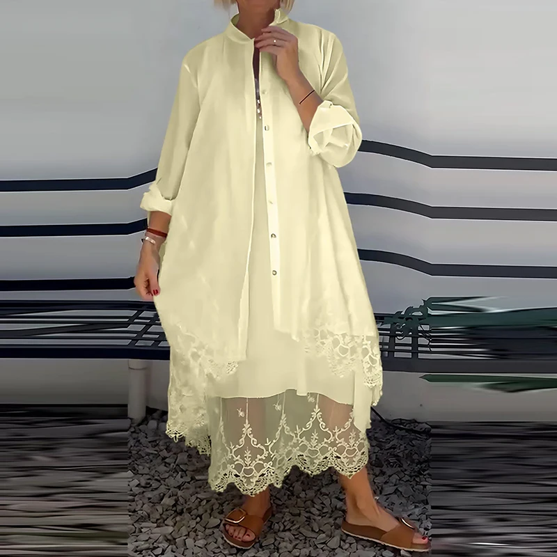 

Stylish O Neck Sleeveless Hollow Dress&Long Sleeve Shirts Suits Spring Summer New Lace Patchwork 2pc Set Women Casual Solid Set