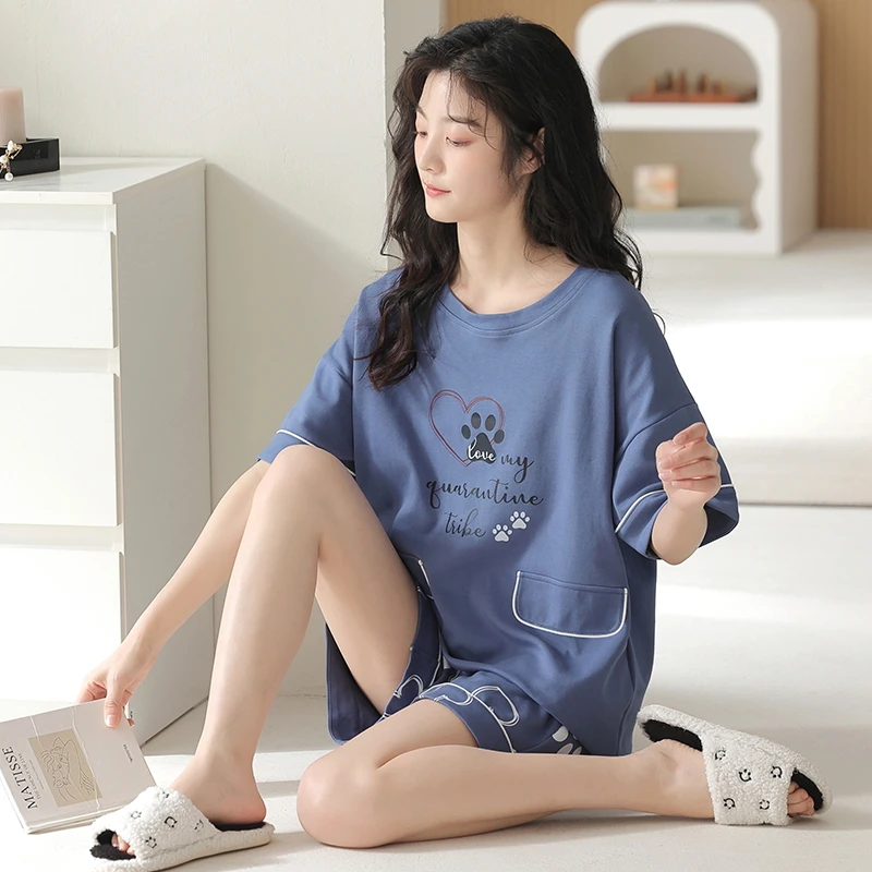 Women Pajamas Sets Soft Homewear Summer Knit Cotton Short Sleeves Shorts Pyjamas Cute Cartoon Sleepwear Female Pijamas Mujer