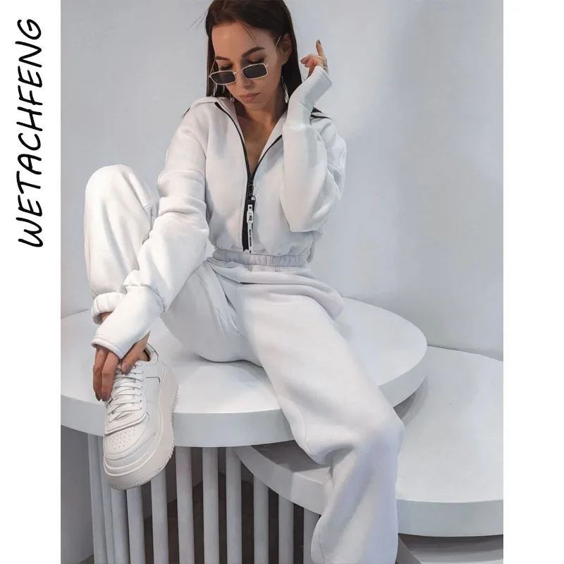 White Overalls For Women Autumn Winter Fleece One Piece Hooded Zipper Long Sleeve Sweatshirts Pants Outfits Jumpsuits Clothes