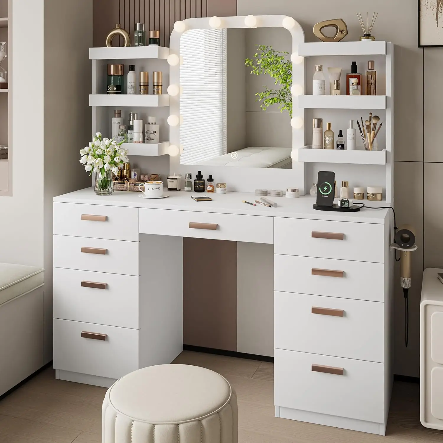 Makeup Vanity with Mirror and LED Lights, Vanities Desk Table with 9 Drawers, 6 Storage Shelves with Protect Panel,Customized