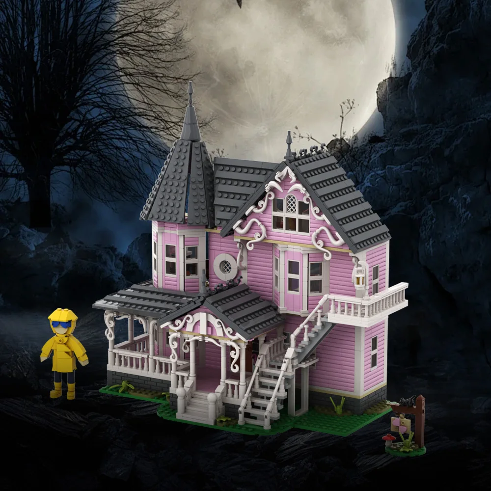 MOC horror Movie THE PINK PALACE Building Blocks Model CORALINESS Ghost House Bricks DIY Assembled Toy Halloween Children Gift