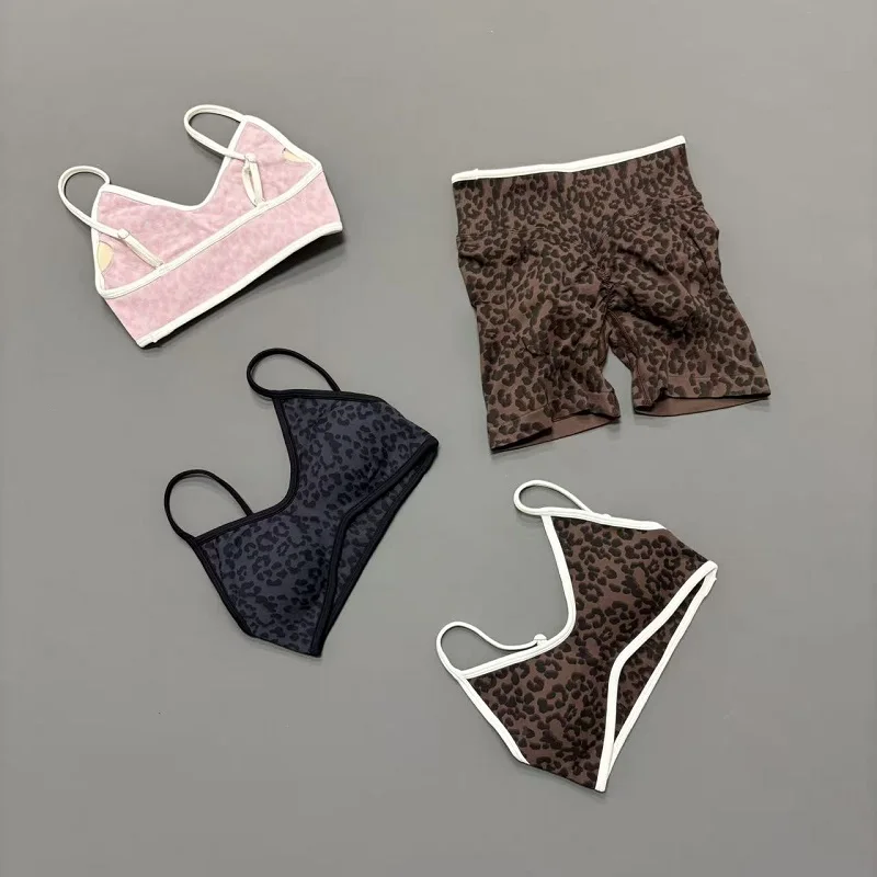 2 Pieces Leopard Print Sports Set Women Seamless Yoga Bra & High Waist Scrunch Butt Shorts Gym Workout Slim Fit Outfit
