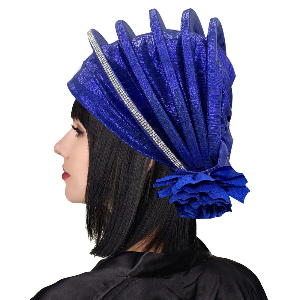 

Elegant Diamonds Spiral Beret for Women Afrcian Lady Flower Head Wraps Female Berets Turban Nigeria Headpiece Wedding Party Gele