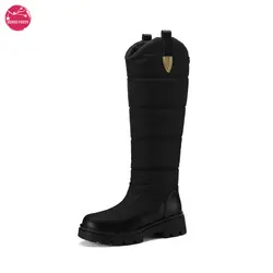 Women's Winter Waterproof Knee High Down Motorcycle Snow Boots - Chunky Heel, Platform, Long Plush Inner, Non-Slip Sole Booties