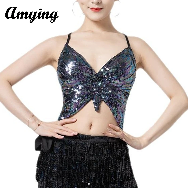 

2024 Sexy Sequins Top Women Belly Dance Performance Tops Glitter Butterfly Bra Stage Party Club Wear Adjustable Backless Costume