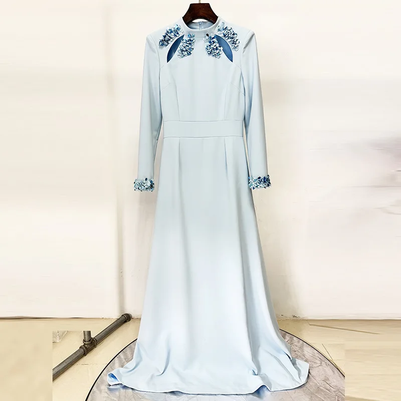 

European American fashion gown long dress stand-up collar beaded sequins cutouts ropa mujer vestidos party dresses robe femme