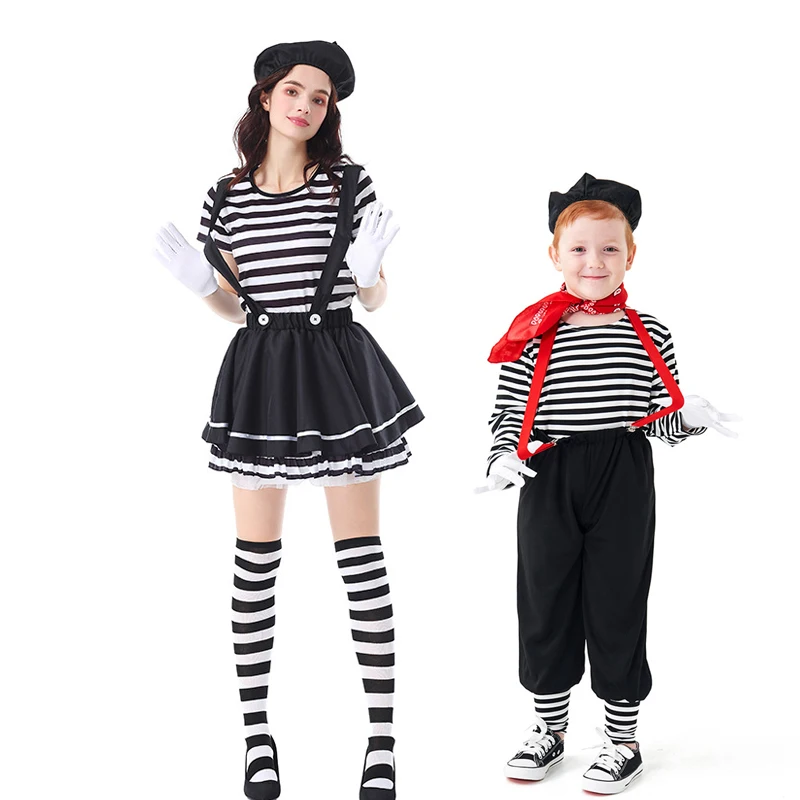 Carnaval Halloween silencioso Mime Artixt disfraz padre niño negro blanco payaso loco Spooktacular Cosplay vestido de fiesta elegante