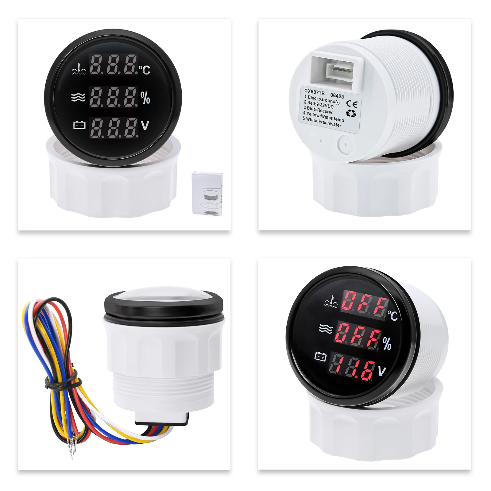 العالمي سيارة الرقمية 52 مللي متر مقياس 0-190ohm الأحمر LED 3 في 1 درجة حرارة الماء + مستوى المياه + الجهد مقاوم للماء IP67 لقارب يخت
