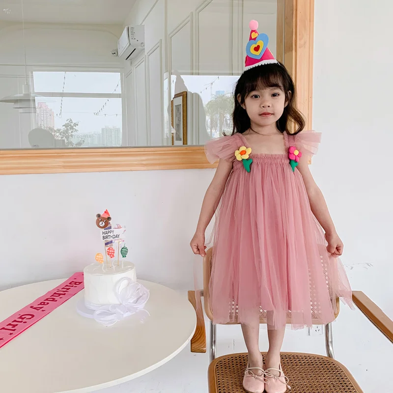 

Elegant Three-Dimensional Floral Mesh Dress for Girls2026Summer style flutter sleeve baby girl princess dress