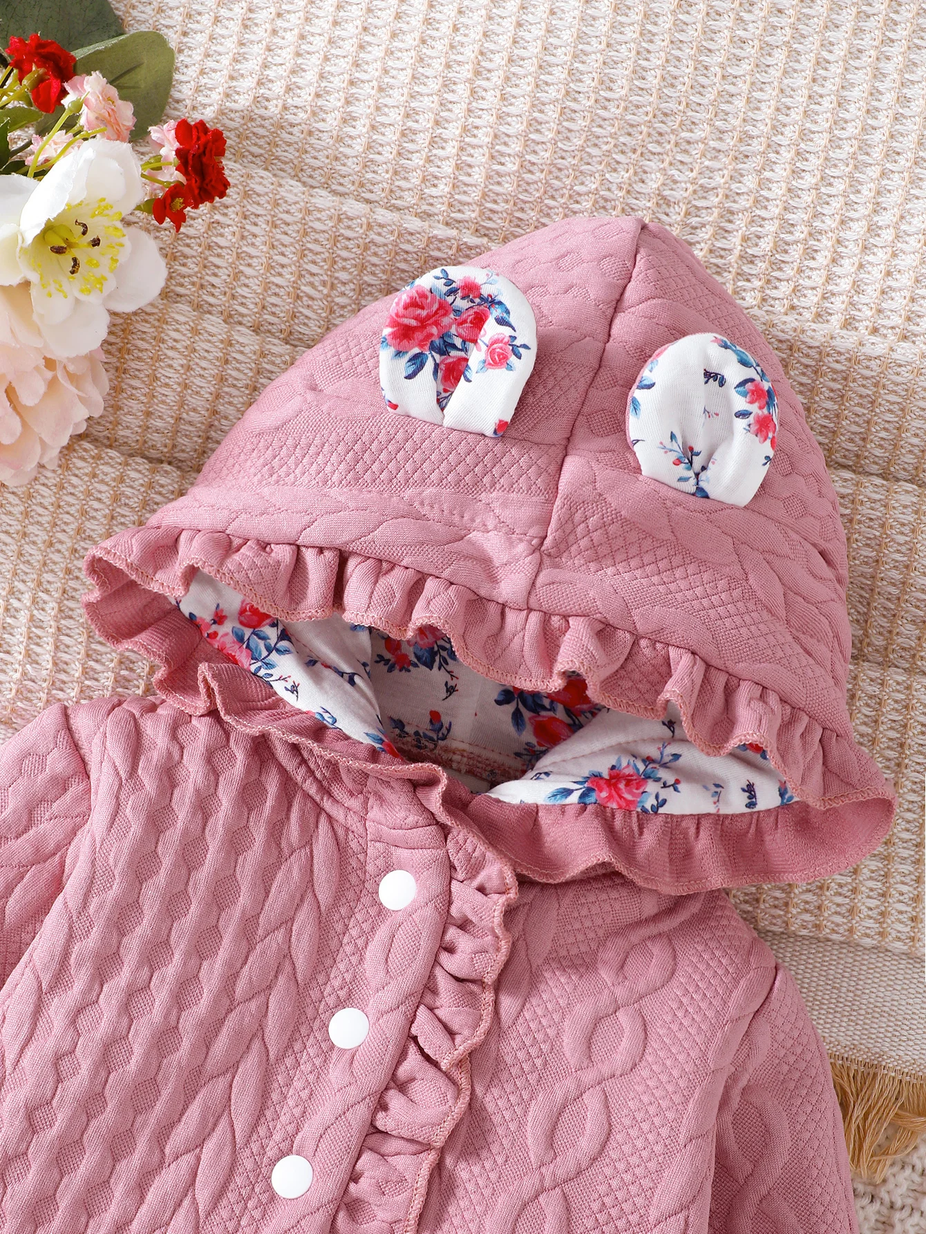 Autumn And Winter Girl Baby Pink Long Sleeve Jacket Design Lace Hooded Ears Warm Clothes Lady Everything Match Baby Girl Coat