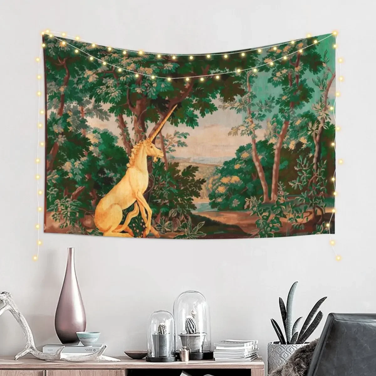 UNICORN IN WOODLAND LANDSCAPE AMONG GREENERY AND TREESPink Green Hues Tapestry Decoration For Home Carpet Wall Tapestry