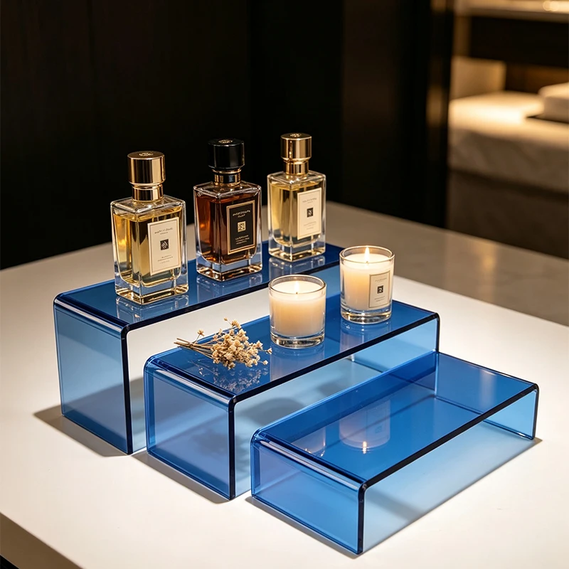 Blue Acrylic U-Shaped Display Stand Three-Piece Set, Layered Display Stand for Perfume and Cosmetics, Desktop Storage Rack, Beauty Accessories and Jewelry Display Base, Simple Blue U-Shaped Acrylic Storage Rack, 3-Piece Set, Dressing Table Perfume Display Stand, Desktop Tiered Display Rack, Beauty Accessories Product Display Base
