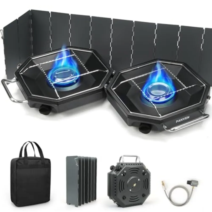 

Camping Stove Propane, 2 Burner Camp Stove, 20, 000 BTU Propane Camping Stoves, Portable Gas Stove with Windscreen, Storage Bag