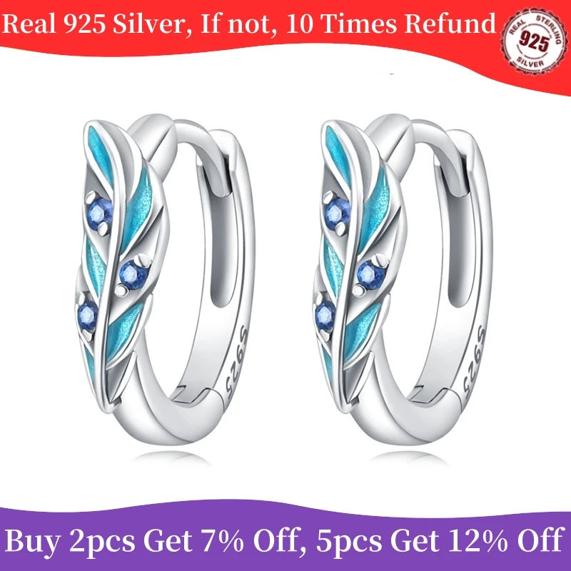 Classic Earrings 925 Sterling Silver Blue feather CZ Hoop Earrings for Women Birthday Party Wedding Engagemen Gift Jewelry