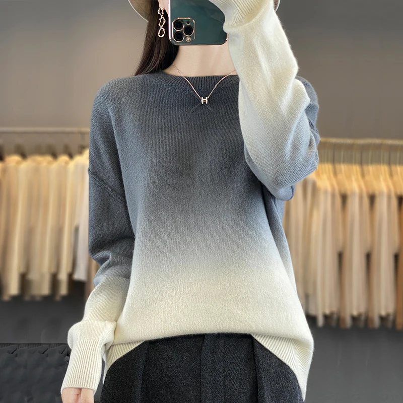 100% Merino wool gradient pullover for women, elegant round neck, casual, warm and fashionable knitted sweater for winter