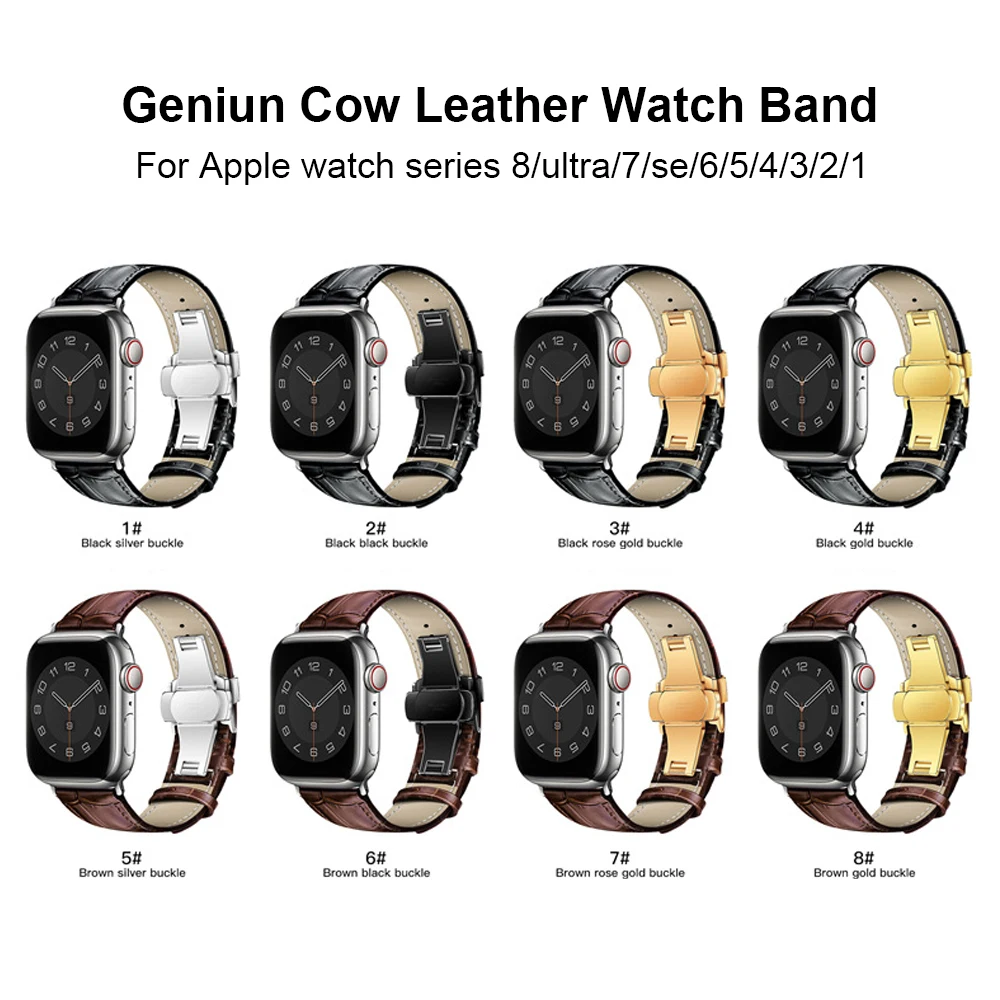 Butterfly Buckle Genuine Leather Strap For Apple Watch Band Ultra 8 7 6 SE 5 4 Watchband For iWatch 49mm 45mm 41mm 44mm 38 40mm