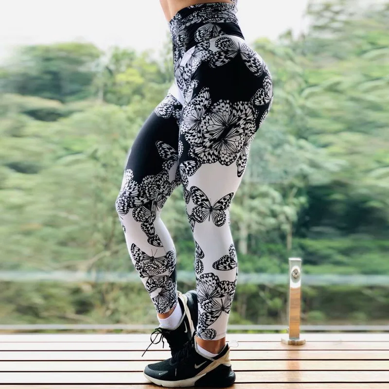 Black Butterfly Digital Printed Fitness Long Trousers Slim Yoga Pants Women Sportswear Seamless Leggings Workout Sports Tights