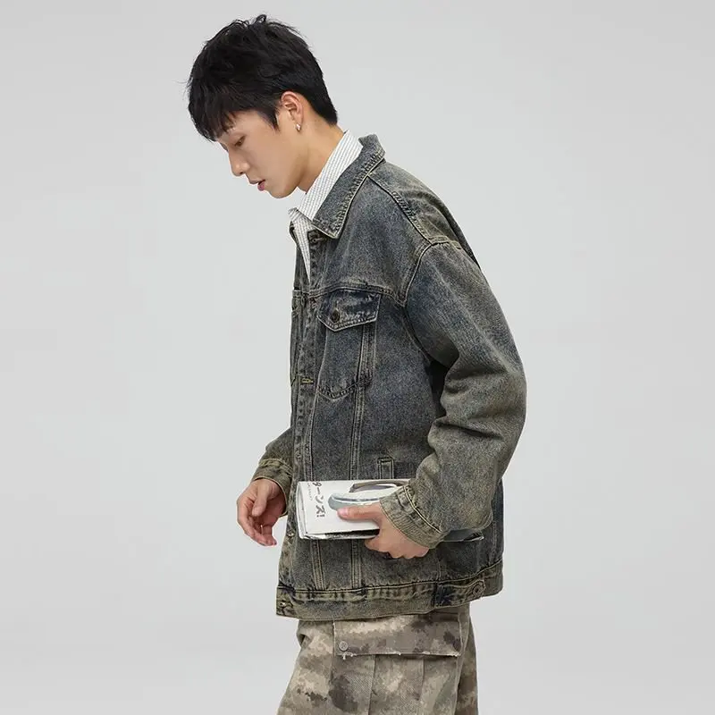 Streetwear Jeans-Oberbekleidung, Snow Wash Distressed Cargo Denim-Jacke für Männer und Frauen, Ausgewaschene Oversized Trucker-Jacke, Vintage M-5XL – Detail 4