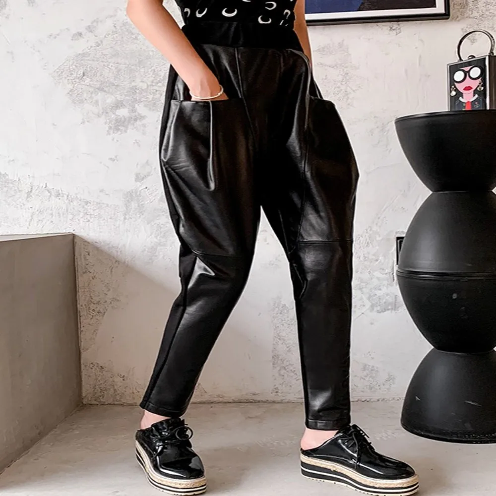 Casual Women Loose Fit Harem Elastic Waist Spliced Sheepskin Genuine Leather Spring Pocket Drop Crotch Joggers Pants