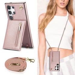 For Samsung Galaxy S25 S24 S23 S22 FE Note 10 20 Ultra Plus Case Crossbody Lanyard Zipper Wallet Card Slot Strap Kickstand Cover
