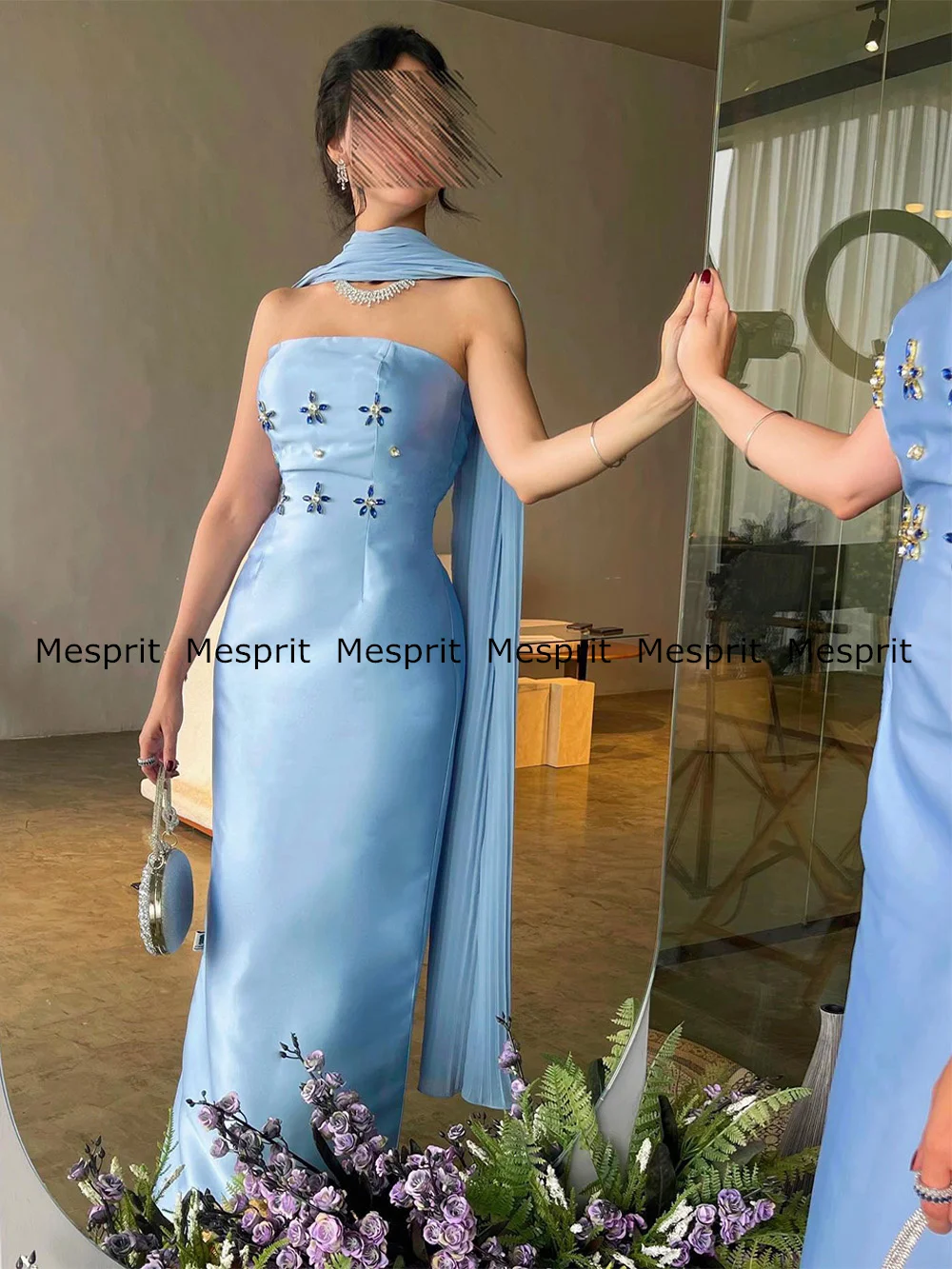 Céu azul sereia vestido de noite personalizado destacável chiffon capa sem alças cristais comprimento do tornozelo vestidos de cocktail árabe saudita