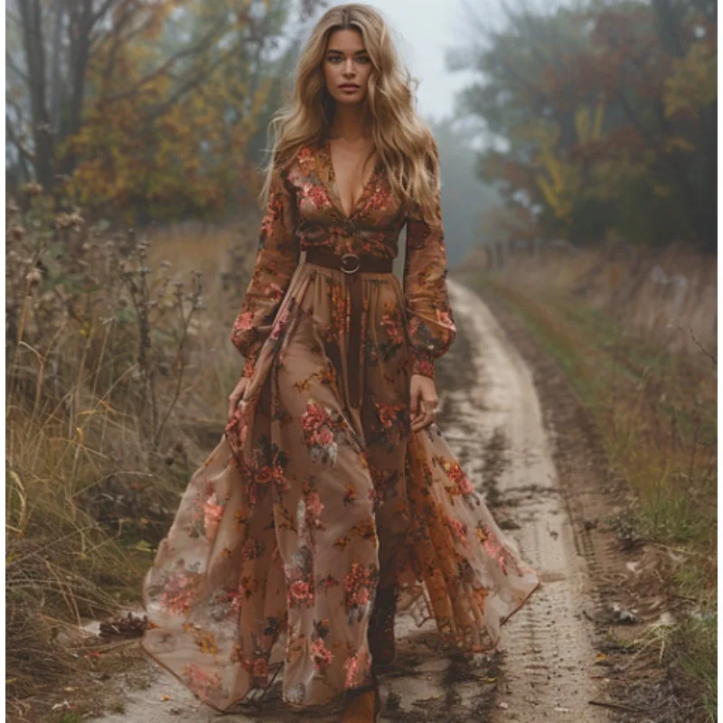 Independent Station,Amazon Long Sleeves Digital Printing V-neck Dress Temperament 2026 European and American Women's Clothing