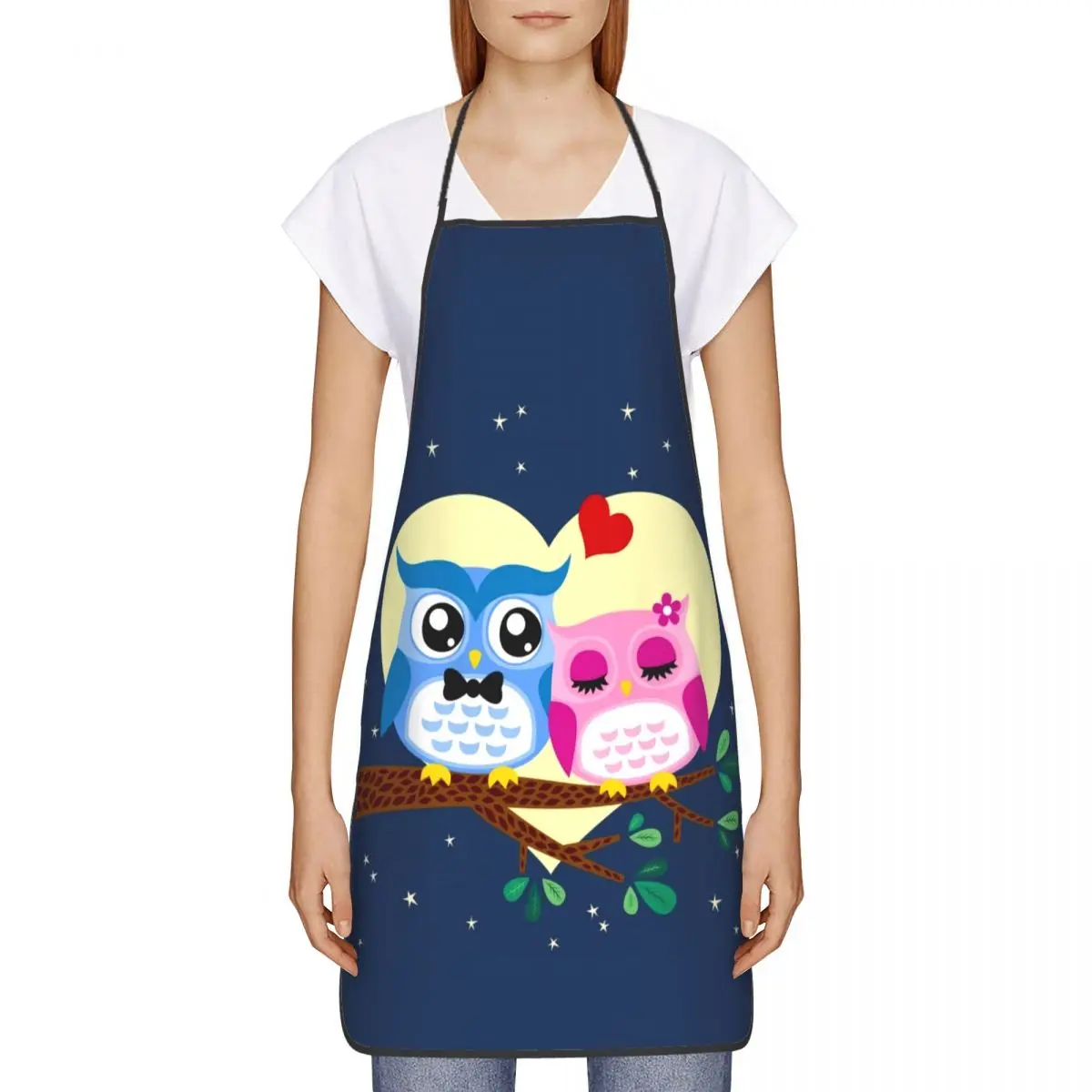 Cartoon Owl Romantic Couple Apron Women Men Unisex Bib Animal Kitchen Cooking Tablier Cuisine Chef Gardening