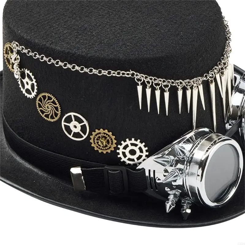 Dark Headwear Gear Hat Rivets Cap With Metal Chain Gothic Themed Cosplay Costume Accessories 6XDA