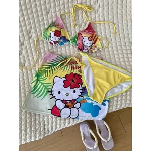 مرحبا كيتي هاواي سبليت ملابس السباحة النسائية, ملابس السباحة Kawaii, الثدي الصغير, بيكيني ادفع لأعلى, ملابس البحر, ركوب الأمواج, حار, الصيف أفضل 10 مبيعات بيكيني مرحبا كيتي - رقم 5