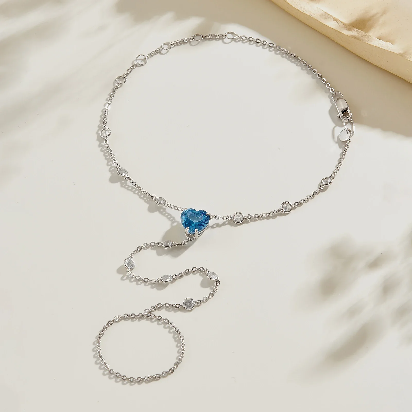 ANDYWEN 925 Silver CZ Blue Heart Necklace Hand Chain, One Piece Choker Bracelet Set, Allergy-Free Gift for Women