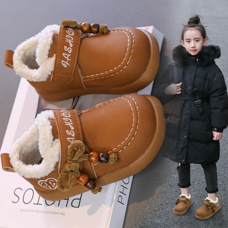 Sepatu Boken berbulu untuk anak-anak, sepatu bot pendek berhak lembut untuk anak laki-laki dan perempuan, sepatu katun salju anak-anak baru yang hangat untuk musim dingin.