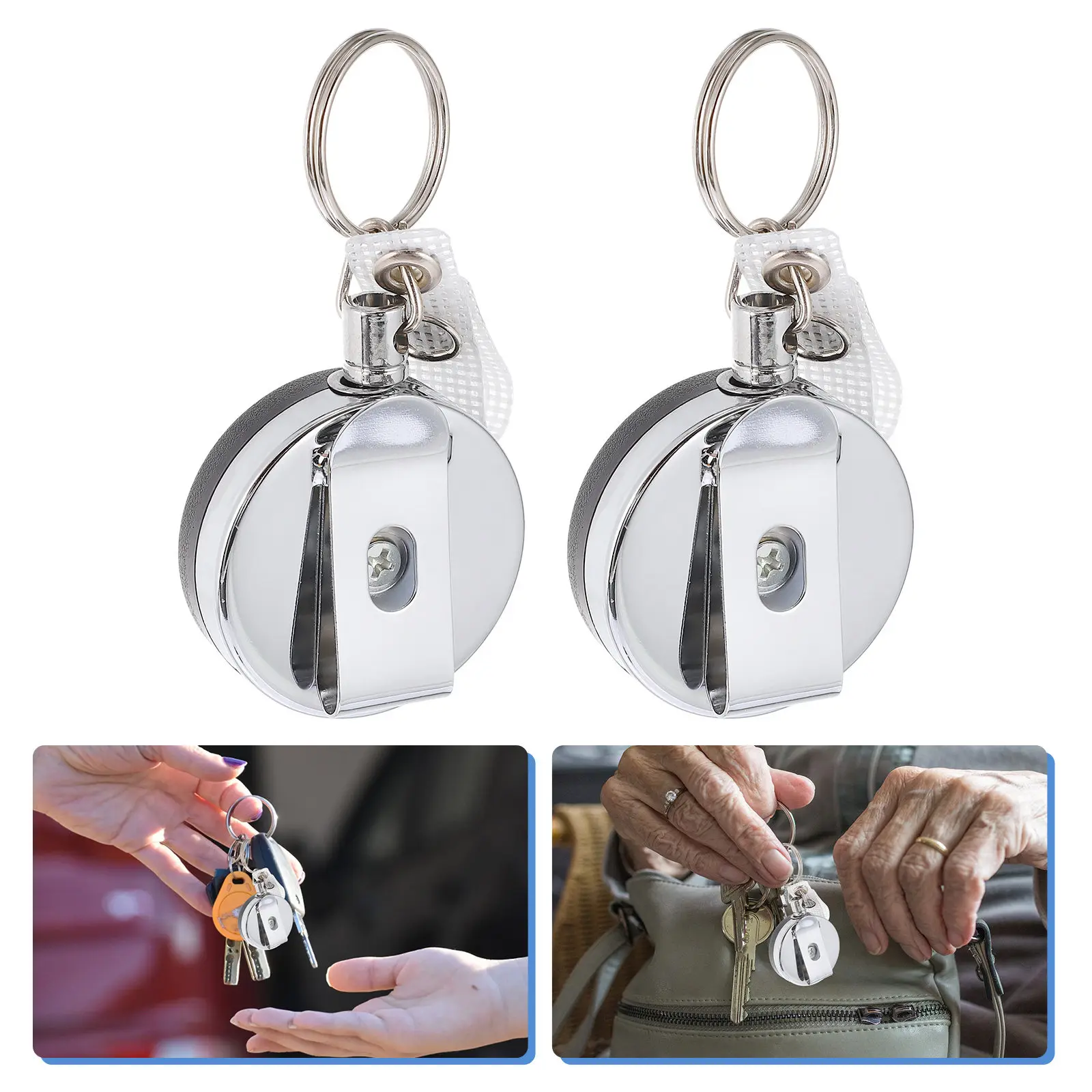 2Pcs Metal Keychain Badge Reel Retractable Id Card Holder with Belt Clip Snap Strap for Office Hospital Factory Workers