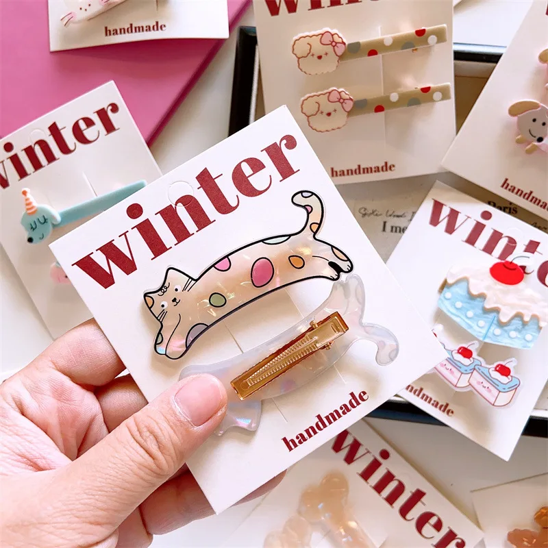 

2 шт. акриловые заколки для волос в виде милых щенков, мультяшные зажимы-уточки для девочек, заколки-сердечки, аксессуары для волос