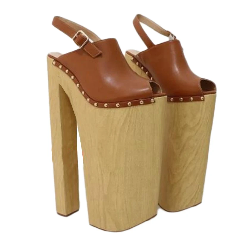 DIZHUANG Sexy women's high-heeled sandals. Brown leather sandals. Customized shoes. About 36cm heel height. Ultra high heels .