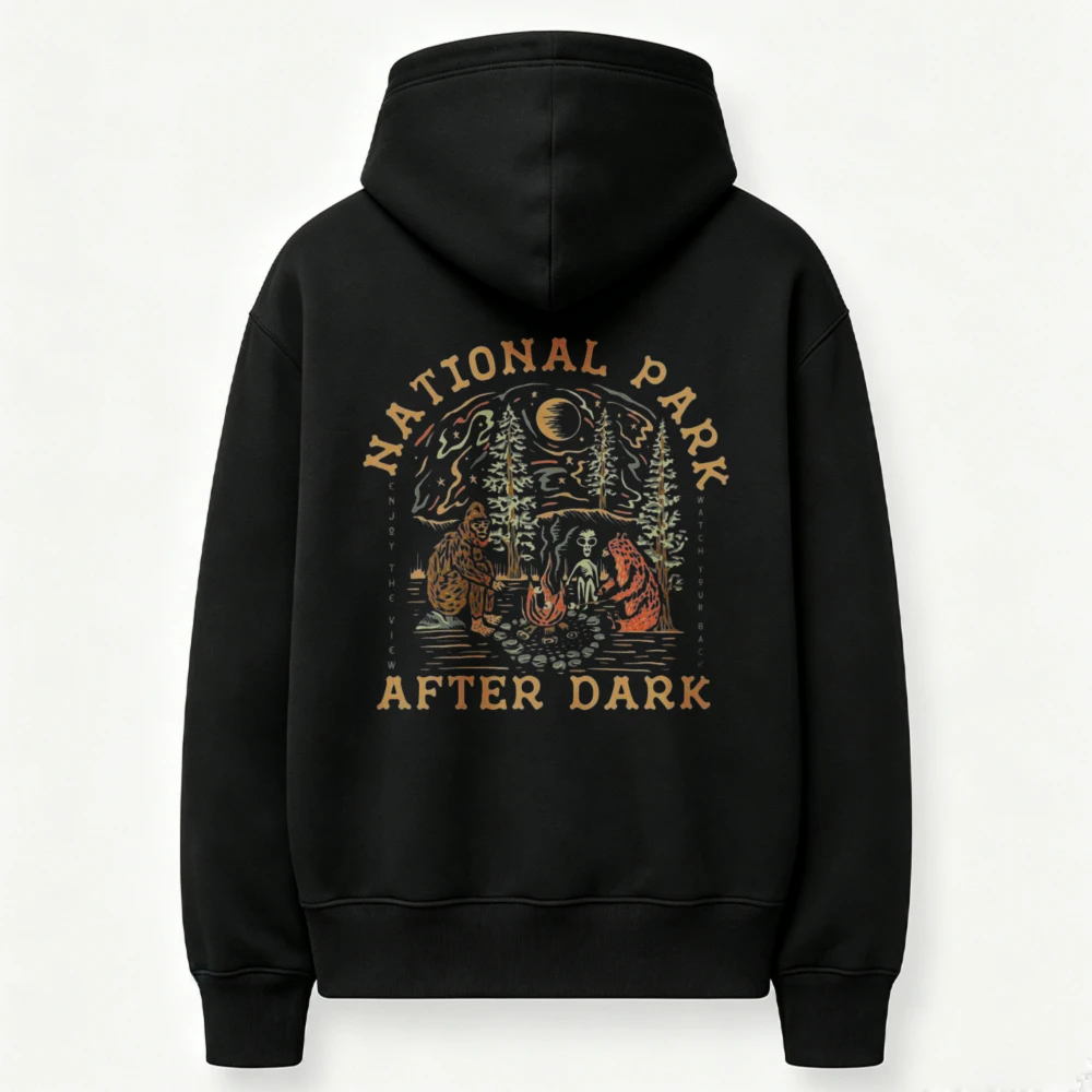 National Park After Dark Bigfoot Alien Campfire Night Forest Hoodie Front Print Sweatshirt Wilderness Camping Outdoor Hooded Top