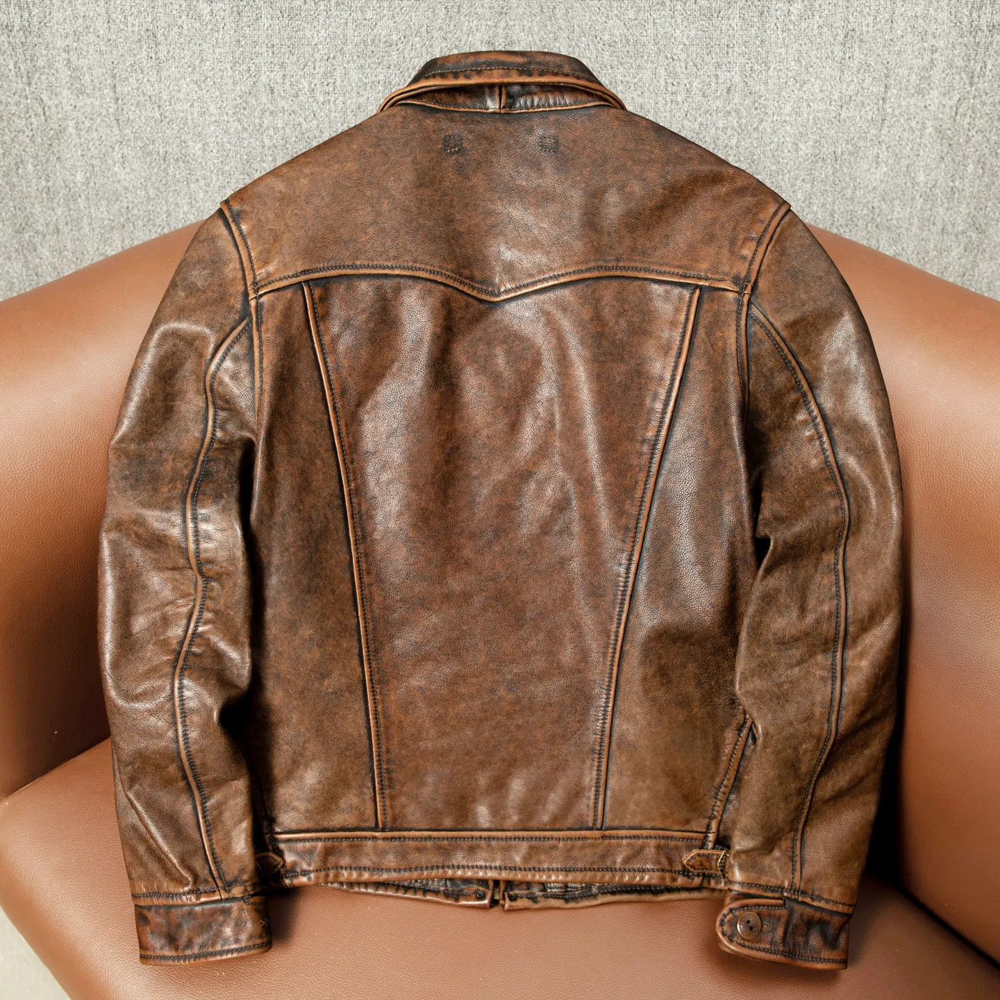 Ready-to-wear heavy wash old men's lapel motorcycle suit leather jacket