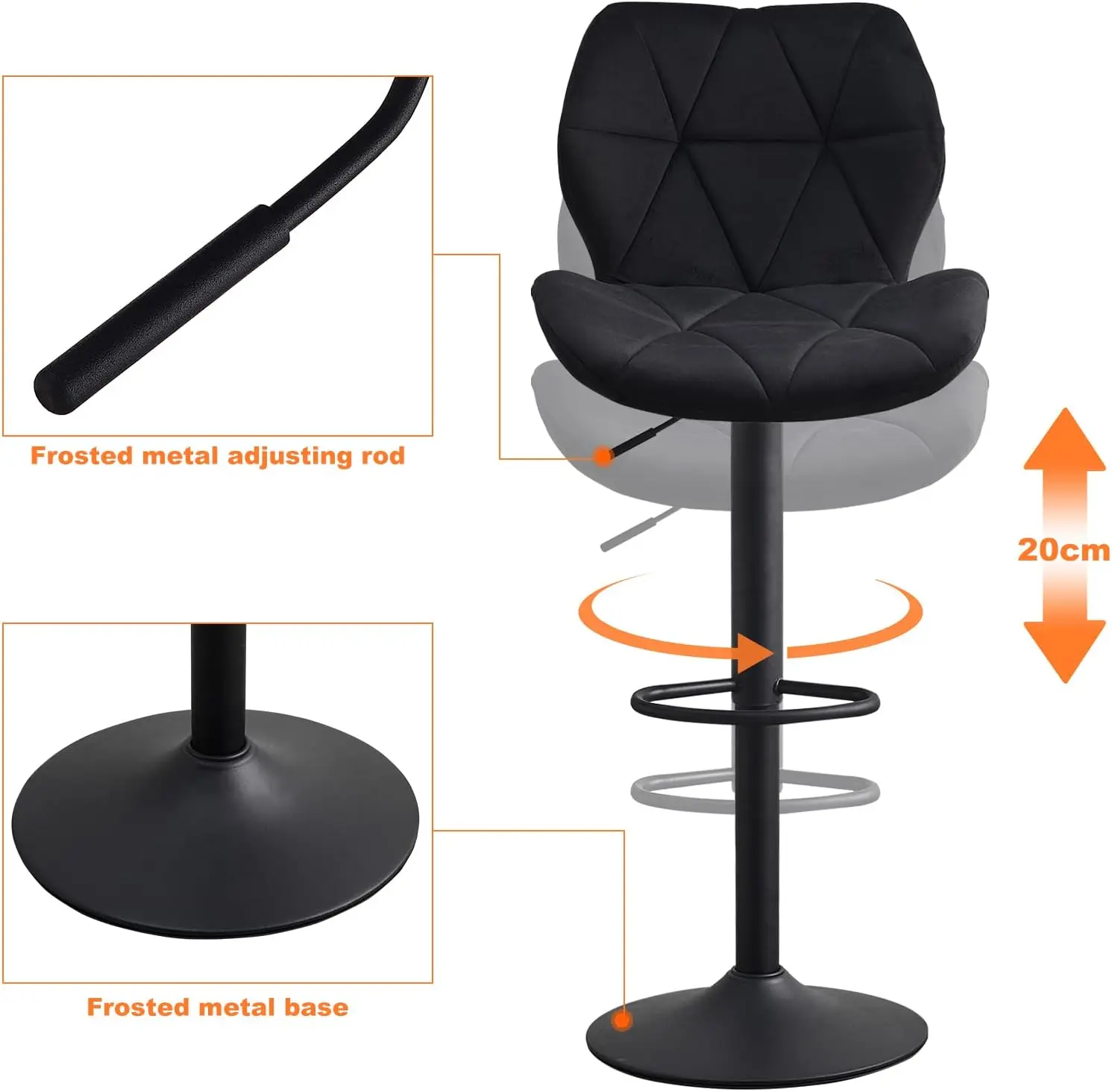 Altura ajustável Barstools com encosto e apoio para os pés, Velvet Leather Counter, cozinha, sala de jantar, giratória