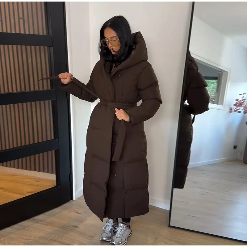 Elegant Long Belted Waist Tie Hooded Puffer Coat Quilted Thick Maxi 2026 Winter Daily Travel Outdoor Outerwear Casual Overcoat