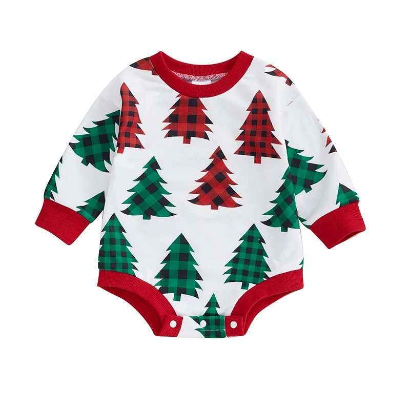 Baby Christmas Bubble Romper Christmas Tree Plaid Print Long Sleeve Crew Neck Sweatshirt Jumpsuit Xmas Baby Bodysuits Clothes