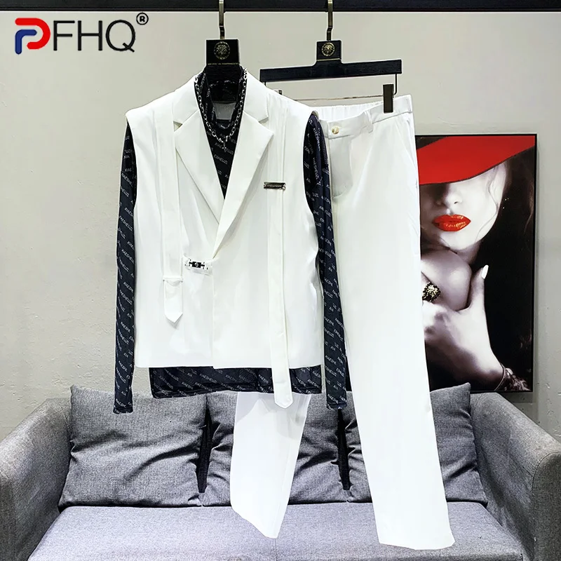 PFHQ 2023 Summer New Fashion Casual Men\'s 2 Pcs Set Solid V-neck Sleeveless Blazer Vests Straight Pants Sets Men Tide 21F3959