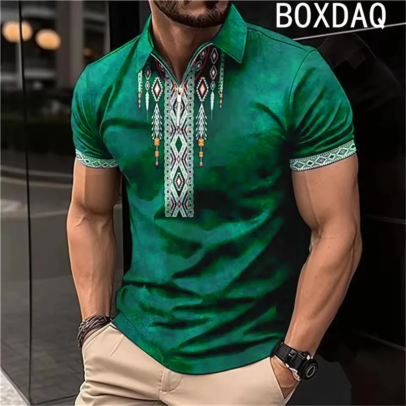 Vintage Tribal Style Polo Shirt Man Lapel Short Sleeve With Zipper Shirt Big Size  6XL Men's Casual Loose Sport Pullover Tops