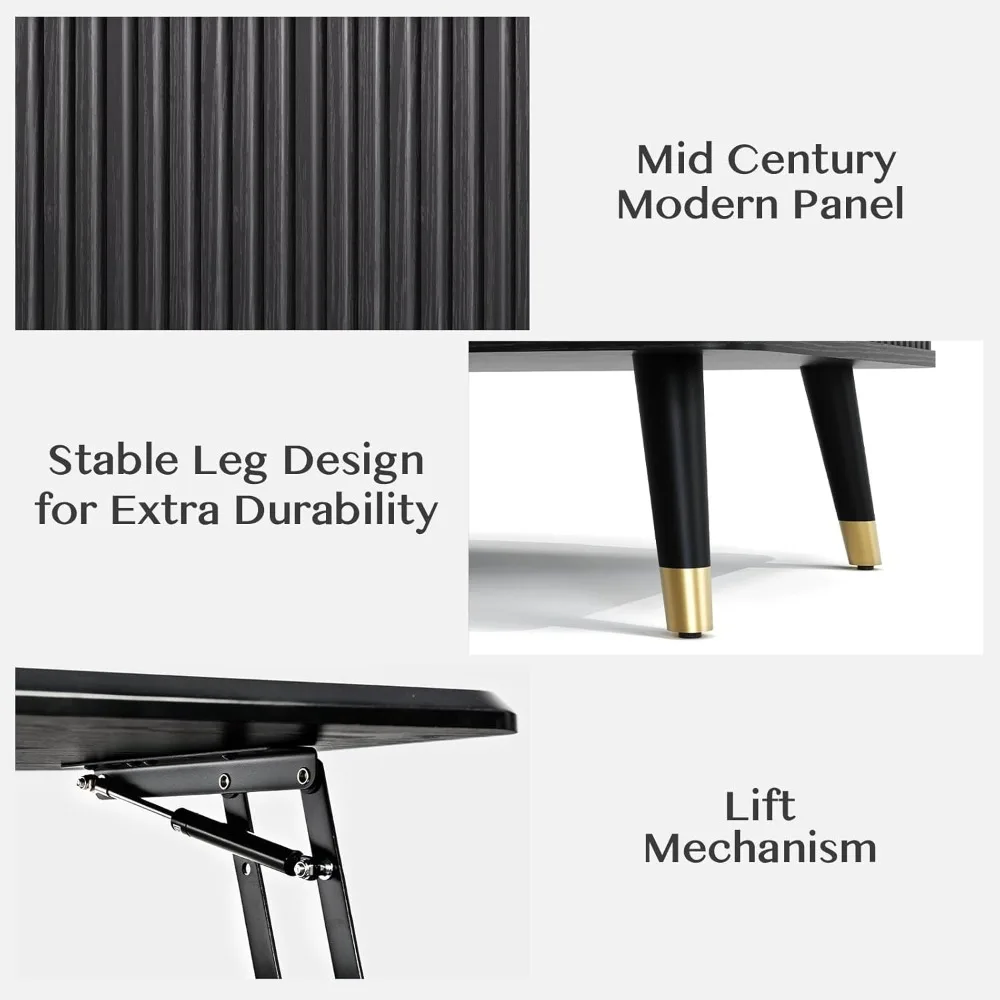 Lift Top Coffee Table with Storage Shelf & Hidden Compartment, Mid Century Modern Fluted Rectangle Dining Table for Living Room