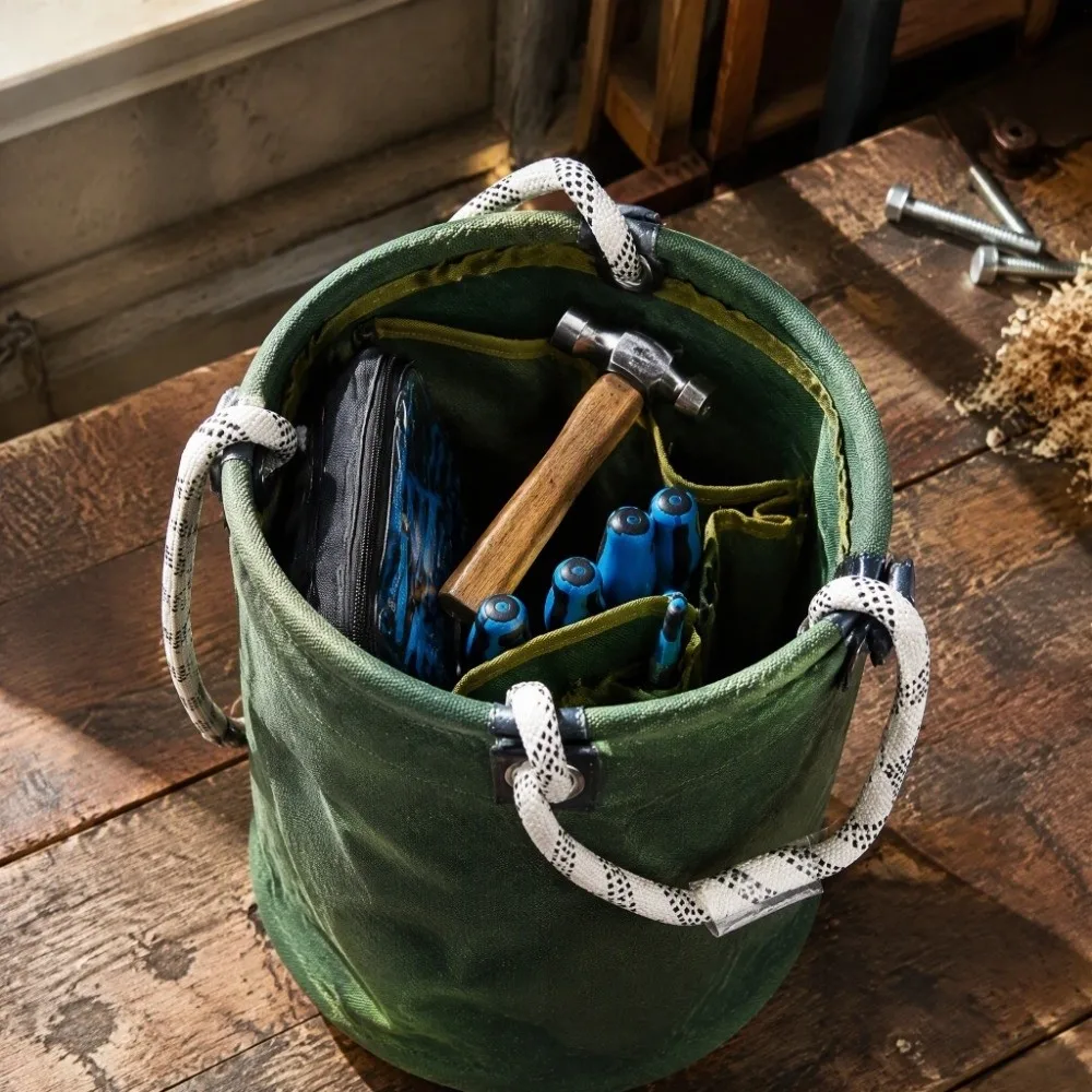 40x30cm Canvas Tool Bucket Plastic Bottom Foldable Tool Organizer Bag Sturdy Handle 30KG Load Bearing Tool Storage Bag