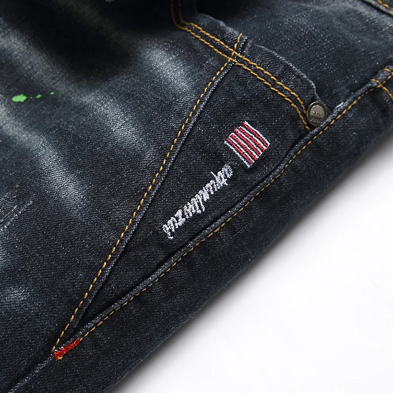 Fashion New Slim Stretch Ripped Jeans Men\'s Streetwear Paint Spots Denim Pants Hip Hop Punk Personality Hole Male Trousers