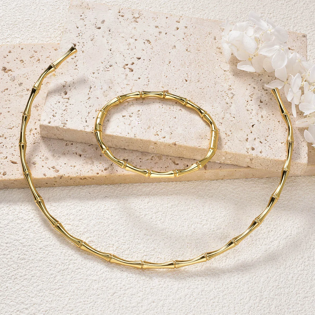 

Bamboo Growth Jewelry Set for Women Gold Plated Stainless Steel Necklace Bracelet Zen Minimalist East West Fusion Gift for Her