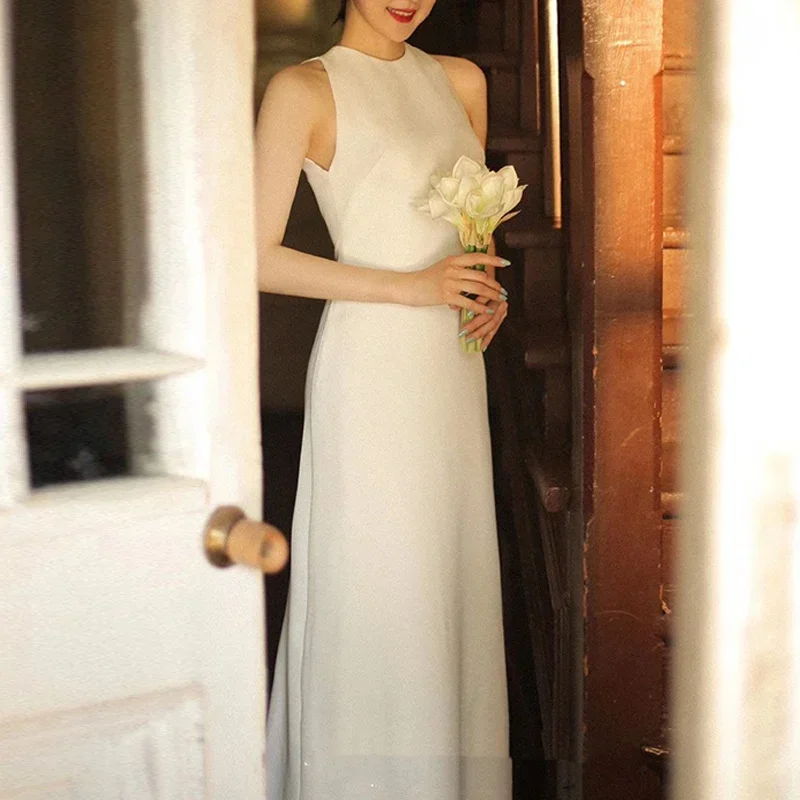 Customized French Bride White Wedding Dress Women Sexy Backless Bow Satin Sleevekess Gown Dresses Elegant Evening Guest Long Par